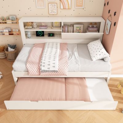 Lit Gigogne 90x190/200 cm avec Rangement, Compartiment Ouvert et Ports USB/USB-C, MDF/Contreplaqué/Panneaux de Particules, Blanc