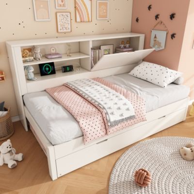 Lit Gigogne 90x190/200 cm avec Rangement, Compartiment Ouvert et Ports USB/USB-C, MDF/Contreplaqué/Panneaux de Particules, Blanc