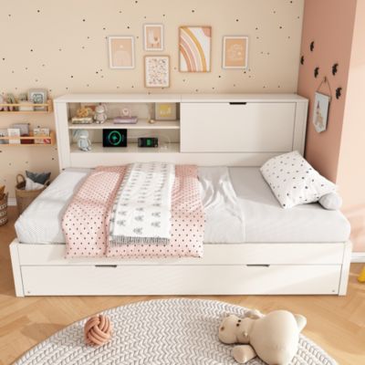 Lit Gigogne 90x190/200 cm avec Rangement, Compartiment Ouvert et Ports USB/USB-C, MDF/Contreplaqué/Panneaux de Particules, Blanc