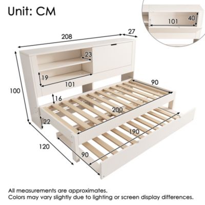 Lit Gigogne 90x190/200 cm avec Rangement, Compartiment Ouvert et Ports USB/USB-C, MDF/Contreplaqué/Panneaux de Particules, Blanc
