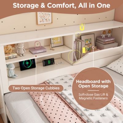 Lit Gigogne 90x190/200 cm avec Rangement, Compartiment Ouvert et Ports USB/USB-C, MDF/Contreplaqué/Panneaux de Particules, Blanc