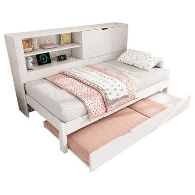 Lit Gigogne 90x190/200 cm avec Rangement, Compartiment Ouvert et Ports USB/USB-C, MDF/Contreplaqué/Panneaux de Particules, Blanc