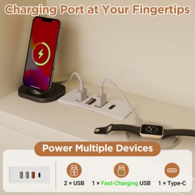 Lit Gigogne 90x190/200 cm avec Rangement, Compartiment Ouvert et Ports USB/USB-C, MDF/Contreplaqué/Panneaux de Particules, Blanc