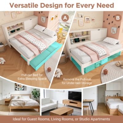 Lit Gigogne 90x190/200 cm avec Rangement, Compartiment Ouvert et Ports USB/USB-C, MDF/Contreplaqué/Panneaux de Particules, Blanc