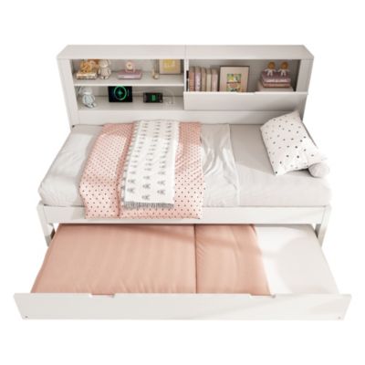 Lit Gigogne 90x190/200 cm avec Rangement, Compartiment Ouvert et Ports USB/USB-C, MDF/Contreplaqué/Panneaux de Particules, Blanc