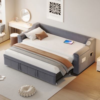 Lit Gigogne 90x190 cm - avec Rangement sous Le Lit et Haut-Parleur Bluetooth, Port USB, Velours Gris, Sans Matelas
