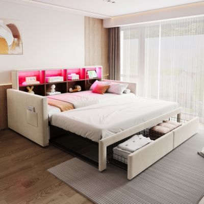 Lit Gigogne 90x190 cm - Lit Capitonné avec LED, 2 Tiroirs et Compartiments pour Enfant - Velours, MDF, Beige - sans Matelas