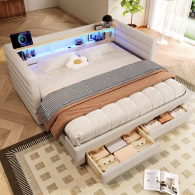 Lit Gigogne 90x190 cm - Lit Simple avec 2 Tiroirs et Étagères - LED et Ports USB Intégrés - Multifonction en Velours Beige
