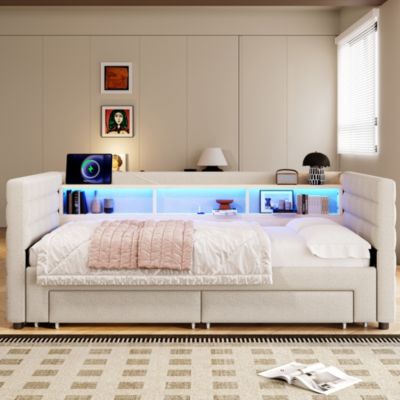 Lit Gigogne 90x190 cm - Lit Simple avec 2 Tiroirs et Étagères - LED et Ports USB Intégrés - Multifonction en Velours Beige