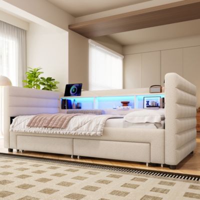 Lit Gigogne 90x190 cm - Lit Simple avec 2 Tiroirs et Étagères - LED et Ports USB Intégrés - Multifonction en Velours Beige