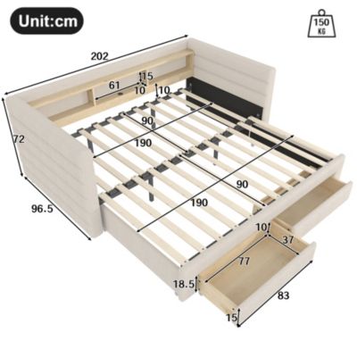 Lit Gigogne 90x190 cm - Lit Simple avec 2 Tiroirs et Étagères - LED et Ports USB Intégrés - Multifonction en Velours Beige