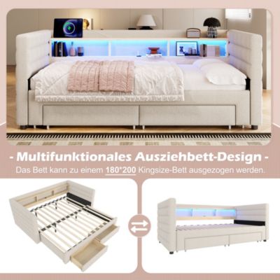 Lit Gigogne 90x190 cm - Lit Simple avec 2 Tiroirs et Étagères - LED et Ports USB Intégrés - Multifonction en Velours Beige