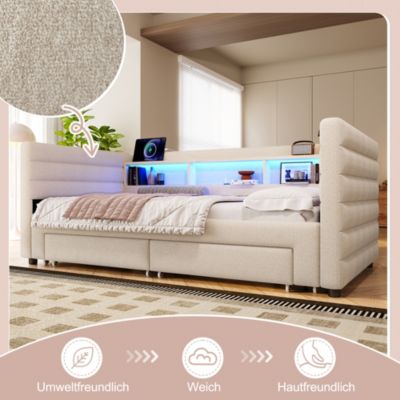 Lit Gigogne 90x190 cm - Lit Simple avec 2 Tiroirs et Étagères - LED et Ports USB Intégrés - Multifonction en Velours Beige