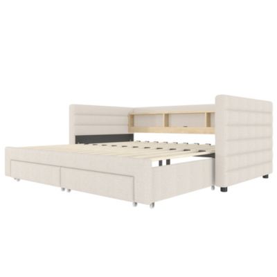 Lit Gigogne 90x190 cm - Lit Simple avec 2 Tiroirs et Étagères - LED et Ports USB Intégrés - Multifonction en Velours Beige