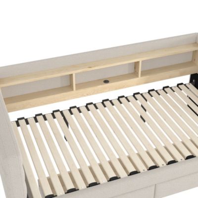 Lit Gigogne 90x190 cm - Lit Simple avec 2 Tiroirs et Étagères - LED et Ports USB Intégrés - Multifonction en Velours Beige