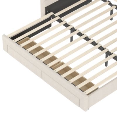 Lit Gigogne 90x190 cm - Lit Simple avec 2 Tiroirs et Étagères - LED et Ports USB Intégrés - Multifonction en Velours Beige