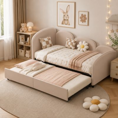 Lit Gigogne 90x200 cm avec Lit Tiroir 90x190 cm - Banquette-Lit Convertible Moderne sans Matelas, Métal et Bois, Velours Rose