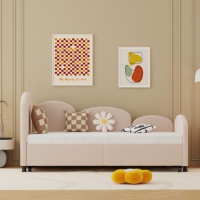 Lit Gigogne 90x200 cm avec Lit Tiroir 90x190 cm - Banquette-Lit Convertible Moderne sans Matelas, Métal et Bois, Velours Rose
