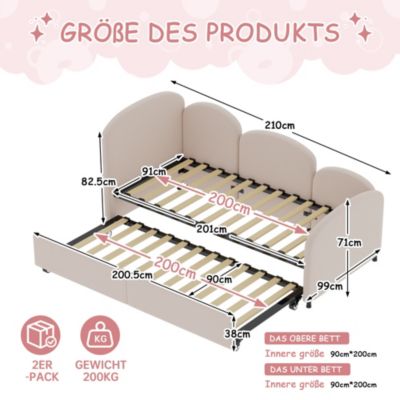 Lit Gigogne 90x200 cm avec Lit Tiroir 90x190 cm - Banquette-Lit Convertible Moderne sans Matelas, Métal et Bois, Velours Rose