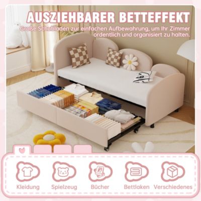 Lit Gigogne 90x200 cm avec Lit Tiroir 90x190 cm - Banquette-Lit Convertible Moderne sans Matelas, Métal et Bois, Velours Rose