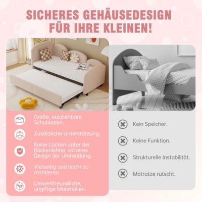 Lit Gigogne 90x200 cm avec Lit Tiroir 90x190 cm - Banquette-Lit Convertible Moderne sans Matelas, Métal et Bois, Velours Rose