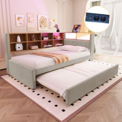 Lit Gigogne 90x200 cm, Lit Enfant avec Port USB et Rangements Intégrés, Éclairage LED Intégré, Tissu Gris Clair - Sans Matelas