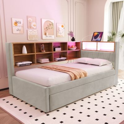 Lit Gigogne 90x200 cm, Lit Enfant avec Port USB et Rangements Intégrés, Éclairage LED Intégré, Tissu Gris Clair - Sans Matelas