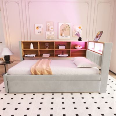 Lit Gigogne 90x200 cm, Lit Enfant avec Port USB et Rangements Intégrés, Éclairage LED Intégré, Tissu Gris Clair - Sans Matelas