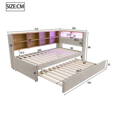 Lit Gigogne 90x200 cm, Lit Enfant avec Port USB et Rangements Intégrés, Éclairage LED Intégré, Tissu Gris Clair - Sans Matelas