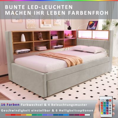 Lit Gigogne 90x200 cm, Lit Enfant avec Port USB et Rangements Intégrés, Éclairage LED Intégré, Tissu Gris Clair - Sans Matelas