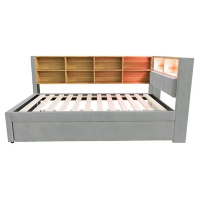 Lit Gigogne 90x200 cm, Lit Enfant avec Port USB et Rangements Intégrés, Éclairage LED Intégré, Tissu Gris Clair - Sans Matelas