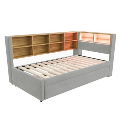 Lit Gigogne 90x200 cm, Lit Enfant avec Port USB et Rangements Intégrés, Éclairage LED Intégré, Tissu Gris Clair - Sans Matelas