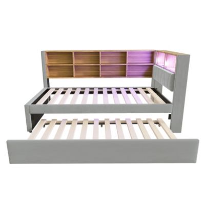 Lit Gigogne 90x200 cm, Lit Enfant avec Port USB et Rangements Intégrés, Éclairage LED Intégré, Tissu Gris Clair - Sans Matelas