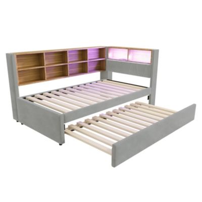 Lit Gigogne 90x200 cm, Lit Enfant avec Port USB et Rangements Intégrés, Éclairage LED Intégré, Tissu Gris Clair - Sans Matelas