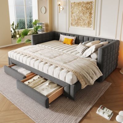Lit Gigogne 90x200 cm - Lit Simple avec 2 Tiroirs de Rangement et Couchage Extensible, Revêtement en Velours - sans Matelas - Gris