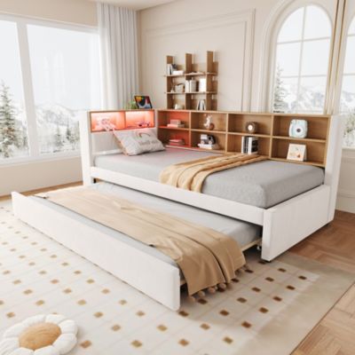 Lit Gigogne 90x200 cm, Lit Simple avec LED et Rangement Coulissant, Pratique pour Chambre enfant ou Ado - Sans Matelas - Beige