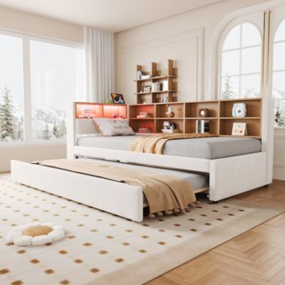 Lit Gigogne 90x200 cm, Lit Simple avec LED et Rangement Coulissant, Pratique pour Chambre enfant ou Ado - Sans Matelas - Beige