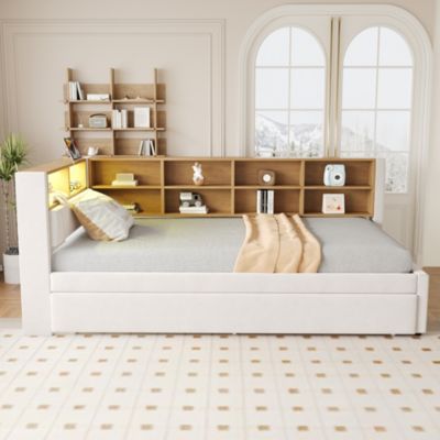 Lit Gigogne 90x200 cm, Lit Simple avec LED et Rangement Coulissant, Pratique pour Chambre enfant ou Ado - Sans Matelas - Beige