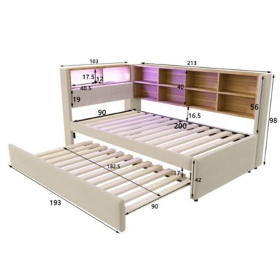 Lit Gigogne 90x200 cm, Lit Simple avec LED et Rangement Coulissant, Pratique pour Chambre enfant ou Ado - Sans Matelas - Beige