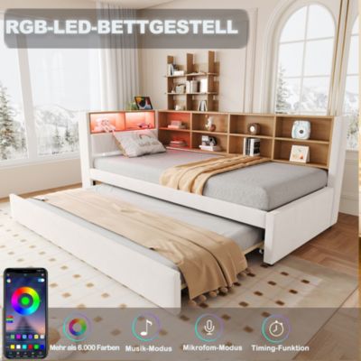 Lit Gigogne 90x200 cm, Lit Simple avec LED et Rangement Coulissant, Pratique pour Chambre enfant ou Ado - Sans Matelas - Beige