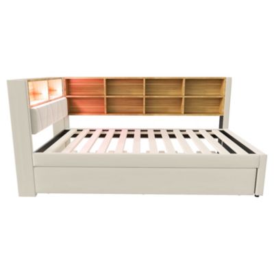 Lit Gigogne 90x200 cm, Lit Simple avec LED et Rangement Coulissant, Pratique pour Chambre enfant ou Ado - Sans Matelas - Beige