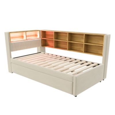 Lit Gigogne 90x200 cm, Lit Simple avec LED et Rangement Coulissant, Pratique pour Chambre enfant ou Ado - Sans Matelas - Beige