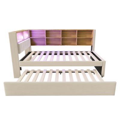 Lit Gigogne 90x200 cm, Lit Simple avec LED et Rangement Coulissant, Pratique pour Chambre enfant ou Ado - Sans Matelas - Beige