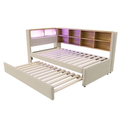 Lit Gigogne 90x200 cm, Lit Simple avec LED et Rangement Coulissant, Pratique pour Chambre enfant ou Ado - Sans Matelas - Beige