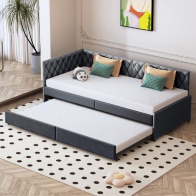 Lit Gigogne 90x200 en Velours Gris, canapé-lit extensible avec sommiers à lattes, lit banquette moderne pour adulte