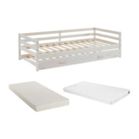 Lit gigogne AEDAN II - 2 x 90 x 190 cm - Pin massif et MDF - Blanchi + matelas