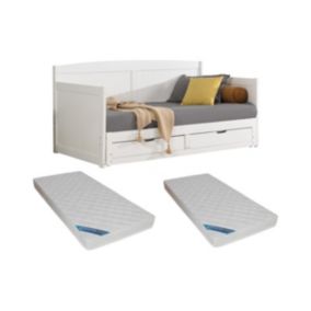 Lit gigogne banquette 90 x 190 ou 180 x 190 cm - Avec sommier peigne et tiroirs - Pin et MDF - Blanc + Matelas - DINIVA