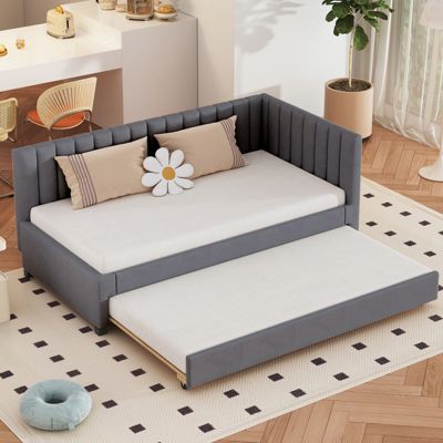 lit gigogne capitonné 90x200cm - canapé lit gigogne, sommier à lattes,lits jeunesse, lits enfant, lits d'appoint, velours - Gris