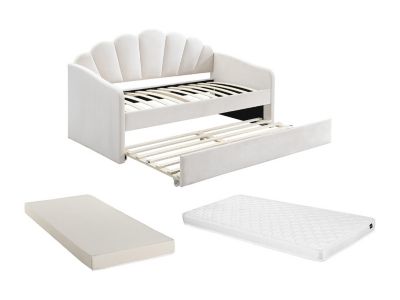 Lit gigogne coquillage 2 x 90 x 190 cm - Velours - Blanc + Matelas - ELUSIA