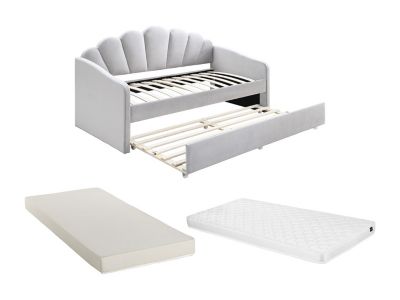 Lit gigogne coquillage 2 x 90 x 190 cm - Velours - Gris clair + Matelas - ELUSIA